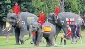  ?? AP ?? Students of Ayutthaya Wittayalai School near Bangkok play football with elephants to raise awareness against gambling.