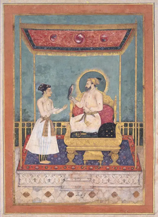  ?? J. Paul Getty Museum ?? A Mughal-era watercolou­r from about 1630 of Shah Jahan accepting a falcon as a gift