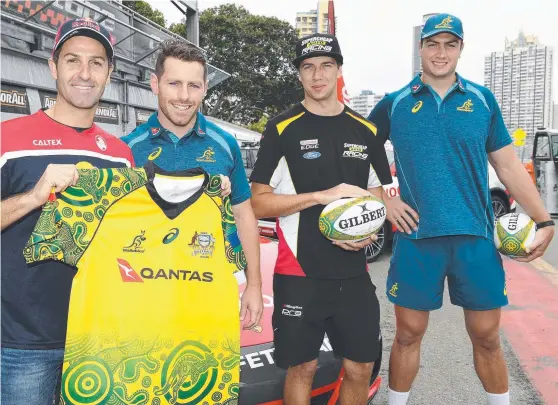  ?? Picture: AAP IMAGE ?? Supercars drivers Jamie Whincup (left) and Chaz Mostert (second from right) catch up with Australian rugby internatio­nals Bernard Foley (second from left) and Rob Simmons in Surfers Paradise yesterday. The Wallabies are in town on a training camp ahead...