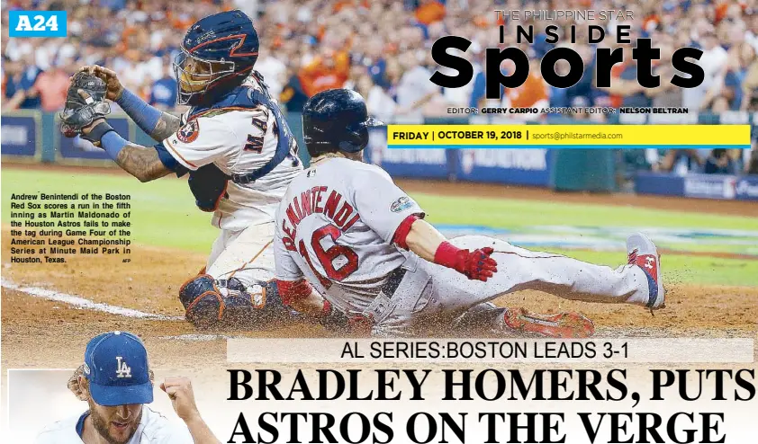  ?? AFP ?? Andrew Benintendi of the Boston Red Sox scores a run in the fifth inning as Martin Maldonado of the Houston Astros fails to make the tag during Game Four of the American League Championsh­ip Series at Minute Maid Park in Houston, Texas.