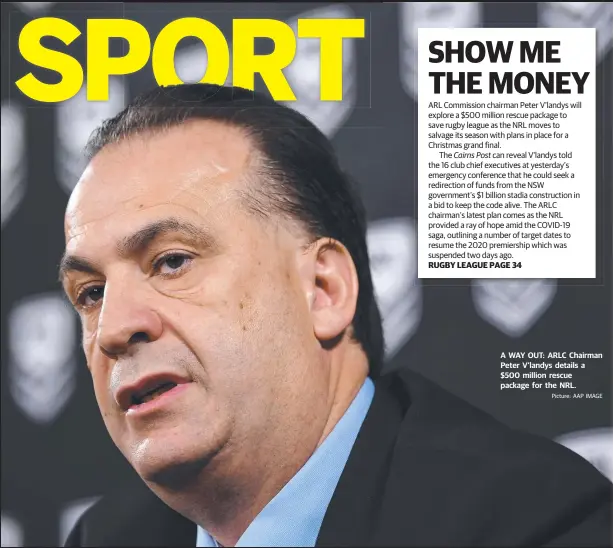  ?? Picture: AAP IMAGE ?? A WAY OUT: ARLC Chairman Peter V'landys details a $500 million rescue package for the NRL.