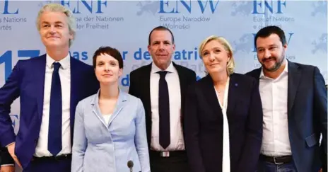  ?? THOMAS LOHNES/GETTY IMAGES ?? Nationalis­ts Geert Wilders, left, Frauke Petry, Harald Vilimsky, Marine Le Pen and Matteo Salvini speak to the media during a conference on Saturday.