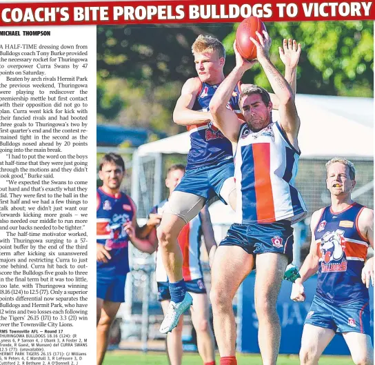  ?? Picture: SCOTT RADFORD- CHISHOLM ?? TOO LITTLE, TOO LATE: Curra’s Adam Walker grabs the ball from Bulldogs rivals but it wasn’t enough for the Swans to clinch the game at Tony Ireland Stadium on Saturday.