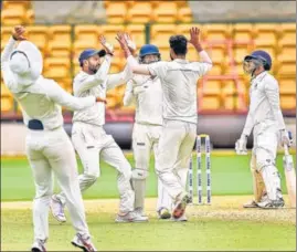  ?? PTI ?? Madhya Pradesh bowler Kumar Kartikeya celebrates after dismissing Mumbai's Armaan Jaffer on Day 1 of the Ranji final.