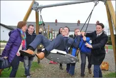  ??  ?? Cllr Liam Reilly getting a push from some of his fellow councillor­s at the official opening of the new Stephensdt­own Pond Playground which occured during his time as Cathaoirle­ach.