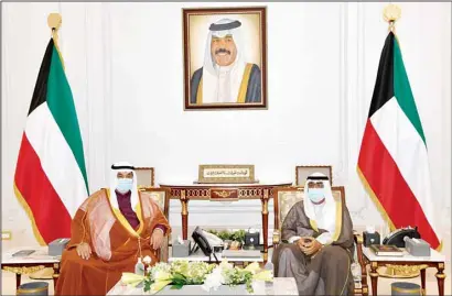  ?? KUNA photo ?? His Highness the Deputy Amir and Crown Prince Sheikh Mishal Al-Ahmad Al-Jaber Al-Sabah receives His Highness Sheikh Nasser Mohammad Al-Ahmad Al-Sabah.