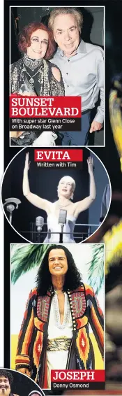  ??  ?? SUNSET BOULEVARD With super star Glenn Close on Broadway last year EVITA Written with Tim