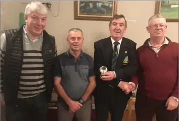  ??  ?? Baltinglas­s GC Winter league team winners: Michael Howard, Paul Davis (captain), John Kelly, and Hugh Doyle at the recent Captain’s Dinner and awards night.