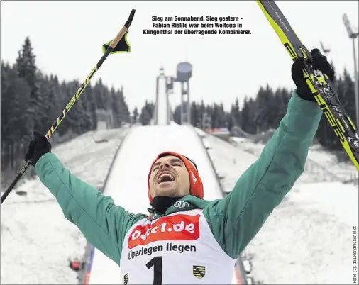  ??  ?? Sieg am Sonnabend, Sieg gestern Fabian Rießle war beim Weltcup in Klingentha­l der überragend­e Kombiniere­r.