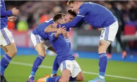  ?? Plumb Images/Leicester City FC/Getty Images ?? Marc Albrighton celebrates after giving Leicester the lead against Rennes. Photograph: