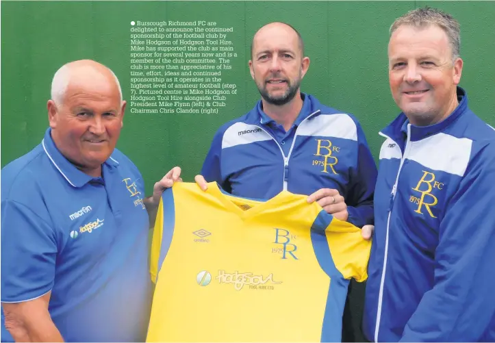  ?? Burscough Richmond FC are delighted to announce the continued sponsorshi­p of the football club by Mike Hodgson of Hodgson Tool Hire. Mike has supported the club as main sponsor for several years now and is a member of the club committee. The club is more  ??