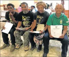  ??  ?? AFFIRMING IDENTITY: The Khoisan men, from left, Shane Plaatjies, Moghamad Blouw, Chief Khoisan SA and MPL Christian Martin who camped outside the Union Buildings in Pretoria for almost three weeks, apply to have ‘Khoi’ added to their names yesterday