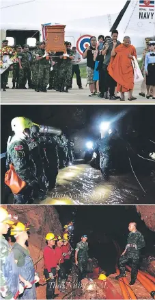  ?? Afp/efe ?? ESCENAS. Militares cargan el féretro con los restos del buzo que falleció. Rescatista­s siguen trabajando en las cuevas.