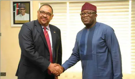  ??  ?? COURTESY VISIT L-R: Managing Director, First City Monument Bank (FCMB), Mr. Adam Nuru and Governor of Ekiti State, Dr. Kayode Fayemi, during a courtesy visit by the management of the bank to the Governor in Ado Ekiti, Ekiti State…recently