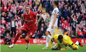  ?? ?? Darwin Núñez celebrates after scoring Liverpool’s second goal at Anfield. Photograph: Peter Byrne/PA