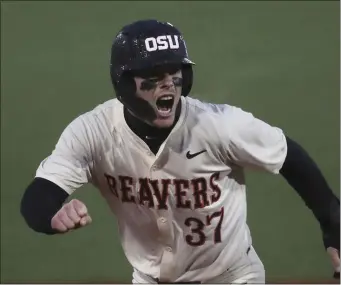  ?? AMANDA LOMAN — THE ASSOCIATED PRESS FILE ?? Oregon State infielder Travis Bazzana (37) plays during an NCAA college baseball game against North Dakota State Friday, March 1, 2024, in Corvallis, Ore. Bazzana has been the ultimate leadoff man lately. The Oregon State star will enter this week’s road series against Southern California having opened the last four games with home runs.