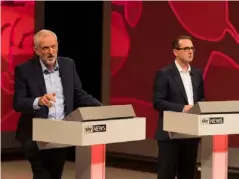  ?? (Sky News/Getty) ?? Corbyn faces leadership challenger Owen Smith at a televised hustings in September 2016. The incumbent scored a decisive win at the election