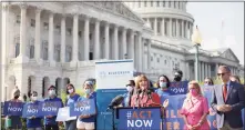  ?? Getty Images ?? Members of Congress speak on infrastruc­ture and climate change during a news conference outside the Capitol on Aug. 23 in Washington, D.C.