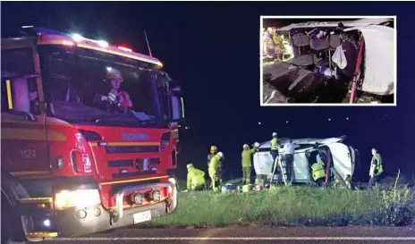  ?? Photo: Gurdeep Saroa/RACQ LifeFlight ?? SHOCKING SCENE: Police are urging all motorists to take care on the roads after four people - including two teenagers - were freed from a badly-damaged sedan on the Drayton Connection Rd at Cambooya on Thursday night.