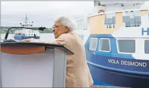  ?? ZANE WOODFORD/METRO ?? Wanda Robson speaks at Wednesday’s unveiling of the new Halifax Transit ferry named for her sister, Viola Desmond.