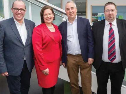  ??  ?? Sein Fein leader Lou McDonald pictured with IT Sligo President Brendan McCormack at the college last Friday. Also included is Councillor Chris MacManus and Colin McLean.