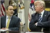  ?? CAROLYN KASTER — THE ASSOCIATED PRESS ?? President Donald Trump and Kentucky Governor Matt Bevin, left, talk during a prison reform roundtable Thursday in the Roosevelt Room of the Washington.