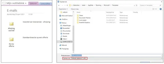  ??  ?? Outlook-sjablonen die in OneNote zijn opgeslagen kun je een uitvoerige beschrijvi­ng meegeven. Om een sjabloon op elk moment terug te vinden kun je het beste een andere locatie kiezen dan degene die Outlook standaard voorstelt.