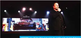  ??  ?? HAWTHORNE: Tesla CEO Elon Musk speaks during the unveiling of the new Tesla Model Y in Hawthorne, California.—AFP