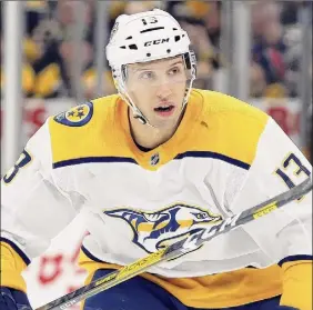  ?? Michael Dwyer / Associated Press ?? Center Nick Bonino was traded on Wednesday to the Minnesota Wild from the Nashville Predators, who are looking to shed salary.