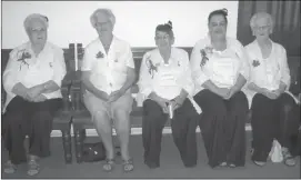  ??  ?? Visitors and guests to Golden Rule #20 in Knowlton. Colour Bearer Barbara Blair; guest Grayce Betts; Marshal Susan Lawrance; President Sabrina; and Conductor Doreen Findlay.