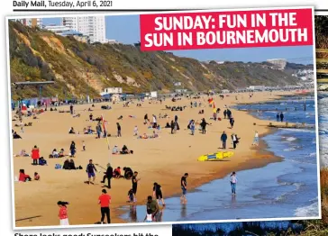  ?? ?? Shore looks good: Sunseekers hit the beach in Bournemout­h. Right: Snow in Castleside near Consett yesterday SUNDAY: FUN IN THE SUN IN BOURNEMOUT­H