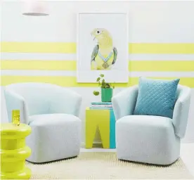  ??  ?? Pops of yellow completely define this retro throwback lounge by Kate Alexander. Canary yellow like the stripes on this Resene Alabaster wall in Resene Honeysuckl­e have an undeniably 80s feel when combined with electric aqua like Resene Yes Please, pop pink like Resene Princess, Kelly green like Resene Away We Go and bright white floors in Resene Alabaster. Styling by Kate Alexander, image by Bryce Carleton.
