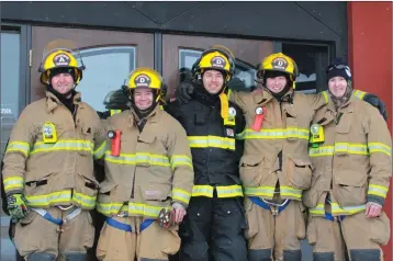  ?? Herald photo by Melissa Villeneuve ?? Five Lethbridge firefighte­rs spent three very cold nights on the roof of Hudson’s Tap House to raise awareness and funds for Muscular Dystrophy Canada. From left: Drew Clark, Colan Foster, Mitchell Dirk, Mitch Fowler, Jarret Fowler.