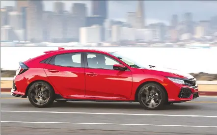  ?? Associated Press photo ?? This photo provided by Honda shows the 2017 Honda Civic Hatchback. Honda brings its first five-door Civic hatchback to the U.S. from England and packs a lot of fun and interior room into a spunky package.