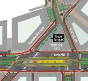  ?? FOTO STAD ANTWERPEN ?? De blauwe strook van de Mechelsest­eenweg over de Frankrijkl­ei naar de Leopoldstr­aat is het nieuw aan te leggen fietspad.