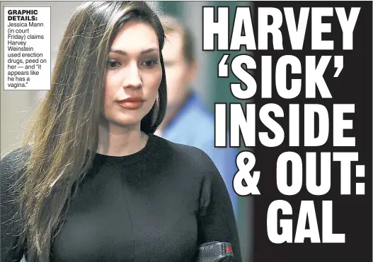  ??  ?? GRAPHIC DETAILS:
Jessica Mann (in court Friday) claims Harvey Weinstein used erection drugs, peed on her — and “it appears like he has a vagina.”