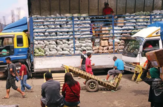  ?? Photo by Milo Brioso ?? BUSY LANE. Traders rush to fill up truck loads of highland vegetables at the La Trinidad Trading Post before they are brought to the different markets all over the country.