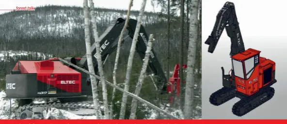  ??  ?? Above left: A new Eltec 317 harvester at work in Canada……..and soon in New Zealand.
Above right: Eltec has also started building a log loader model with a high-rising cab, which will also come to New Zealand, but with a 310 model cab on a 300mm riser...