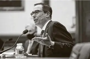  ?? Greg Nash / pool / AFP via Getty Images ?? The Treasury Department did not immediatel­y respond to a request for comment on whether Steven Mnuchin acted on the Texas attorney general’s request to investigat­e Harris County.