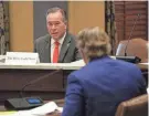  ?? DOUG HOKE/THE OKLAHOMAN ?? State Treasurer Todd Russ answers a question Oct. 3 from Senate Pro Tem Greg Treat at a Senate appropriat­ions meeting.