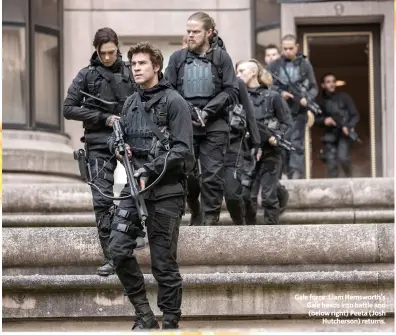  ??  ?? Gale force: Liam Hemsworth’s Gale heads into battle and (below right) Peeta (Josh Hutcherson) returns.