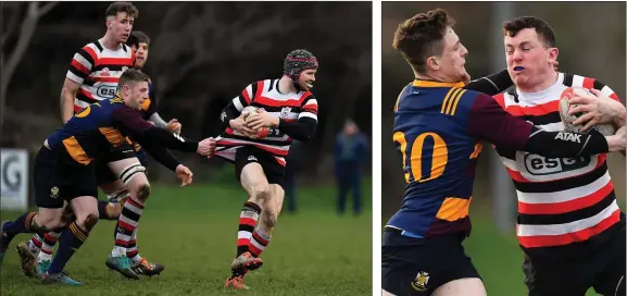  ??  ?? Jack Kelly of Enniscorth­y is tackled by Michael Hislop of Skerries. Daniel Pim of Enniscorth­y is tackled by Lorcan Jones of Skerries.