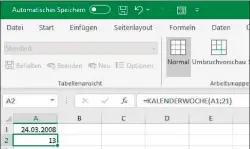  ??  ?? Excel enthält eine Formel für die Berechnung der Kalenderwo­che zu jedem Datum. Sie müssen aber angeben, dass es nach europäisch­er Zählweise rechnen soll.