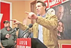  ??  ?? Hawley speaks to supporters during a campaign stop at the Jefferson County GOP office in Imperial, Missouri. — AFP photo