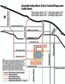  ?? PROVIDED BY THE CITY OF INDIO ?? A road map outlines the closures, busy thoroughfa­res and pedestrian access ways during the April festivals in Indio and the surroundin­g area.