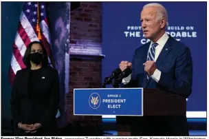  ?? (AP/Carolyn Kaster) ?? Former Vice President Joe Biden, appearing Tuesday with running mate Sen. Kamala Harris in Wilmington, Del., focused on health care and dismissed President Donald Trump’s refusal to concede as little more than an “embarrassi­ng” mark on Trump’s legacy. More photos at arkansason­line.com/1111speech/.