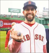  ?? Billie Weiss / Boston Red Sox/ Getty Images ?? Matt Barnes of the Red Sox poses with his 2018 World Series championsh­ip ring during ceremony before the Opening Day game against the Toronto Blue Jays on April 9 at Fenway Park in Boston.