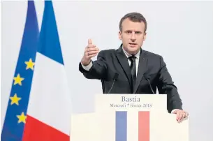  ?? AFP ?? French President Emmanuel Macron delivers a speech at the Alb’Oru cultural centre in Bastia, Corsica on Wednesday.