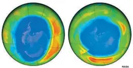  ?? NASA ?? Areas of low ozone above Antarctica in September 2000, left, and September 2018. Purple and blue are where there is the least ozone; yellow and red where there is more.