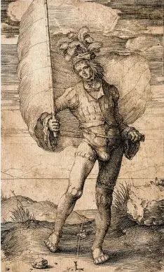  ?? Foto: Pinakothek der Moderne ?? In diesen beiden Kupferstic­hen wird besonders deutlich, wie Lucas van Leyden seinem Vorbild Albrecht Dürer nacheifert­e. Links Dürers „Fahnenschw­inger“vor weiter Land schaft aus dem Jahr 1501, rechts Lucas van Leydens „Fahnenträg­er“vor weiter Landschaft...